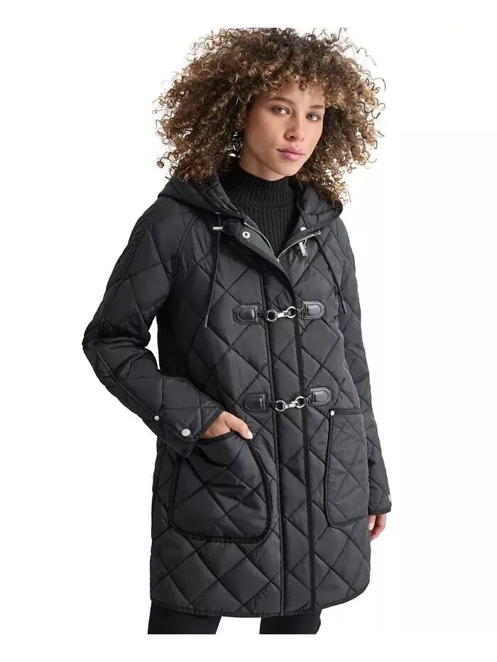 Женское стеганое пальто с капюшоном и застежкой-молнией DKNY — изображение 1 из 6, черный