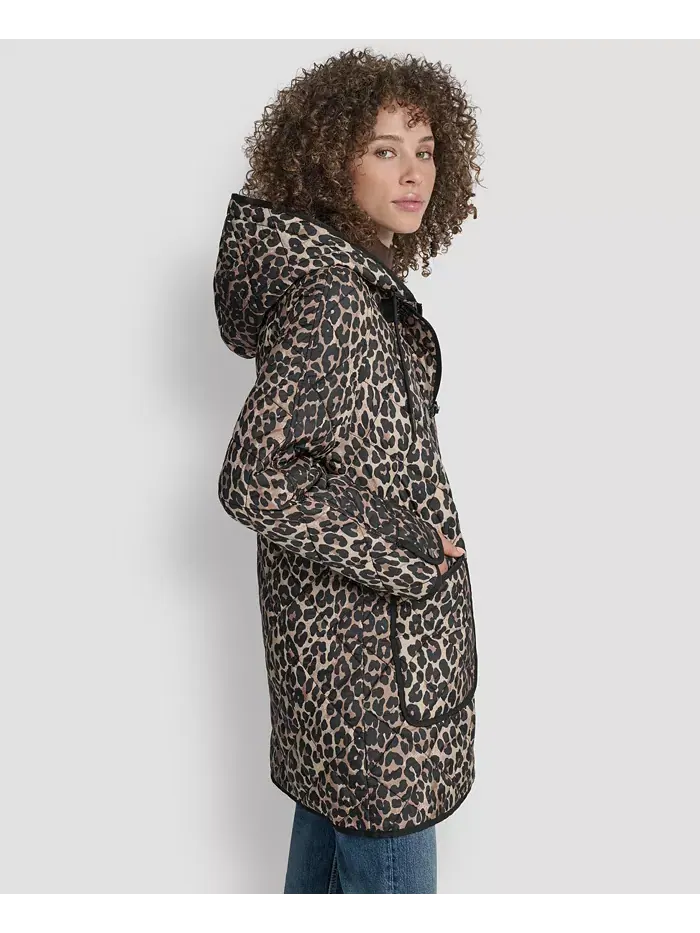 Женское стеганое пальто с капюшоном и застёжкой-молнией DKNY — изображение 3 из 7, леопардовый