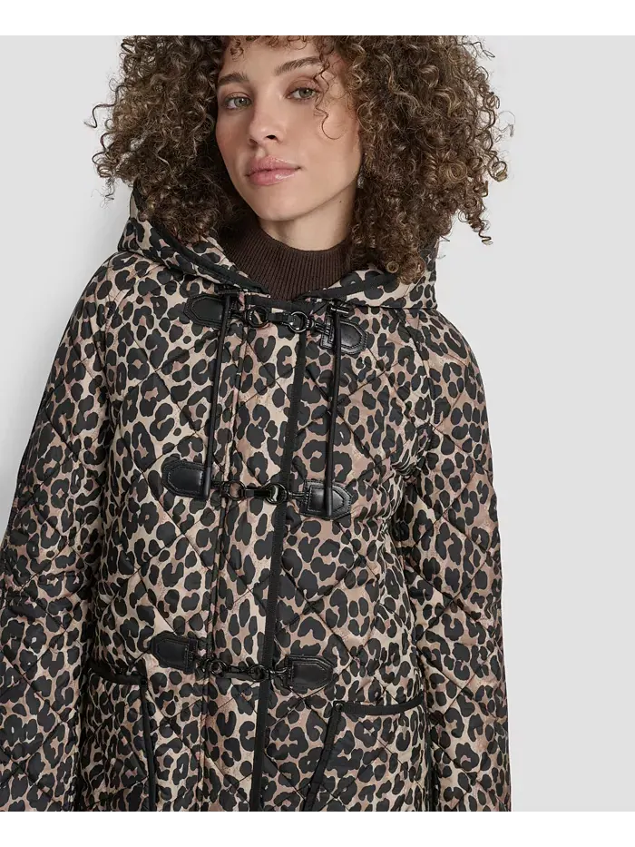 Женское стеганое пальто с капюшоном и застёжкой-молнией DKNY — изображение 5 из 7, леопардовый
