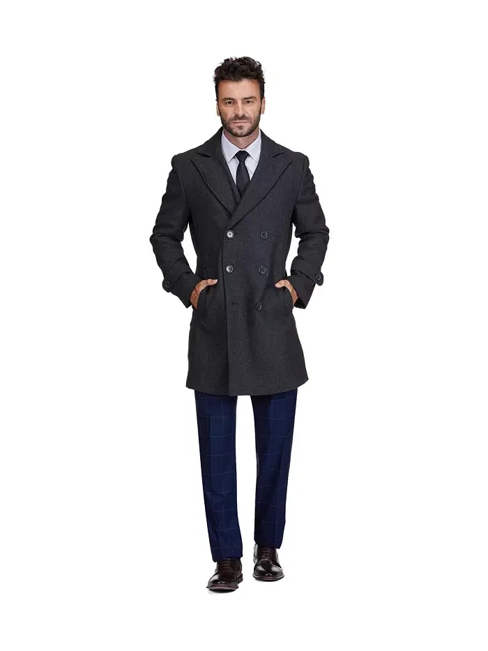 Мужское двубортное пальто из шерстяной смеси Pea Coat Dress Peacoat Braveman — изображение 2 из 4, темно-серый