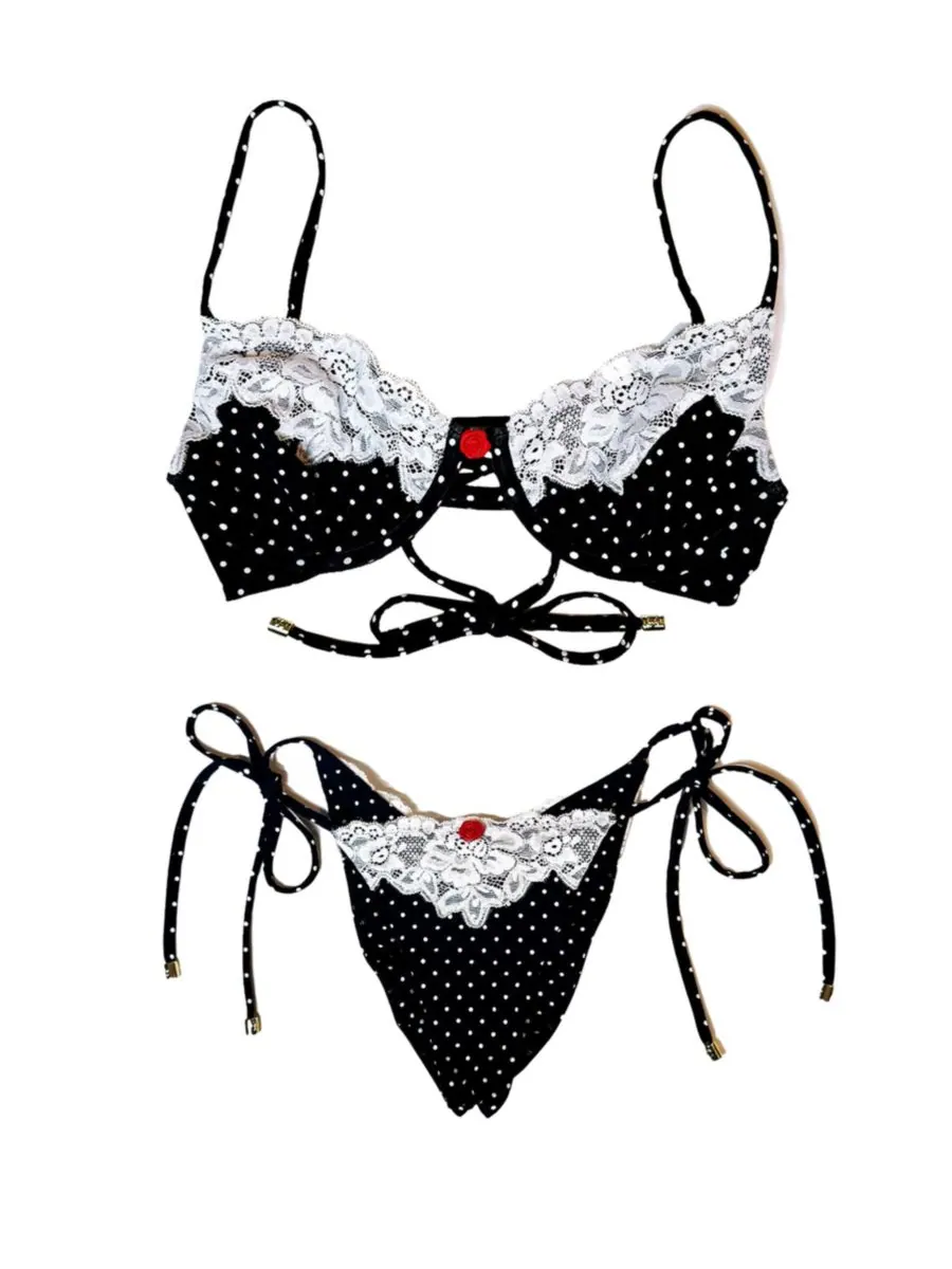 Женский бикини-топ в горошек с кружевом и косточками Beach Bunny Swimwear — изображение 4 из 5, черный белый