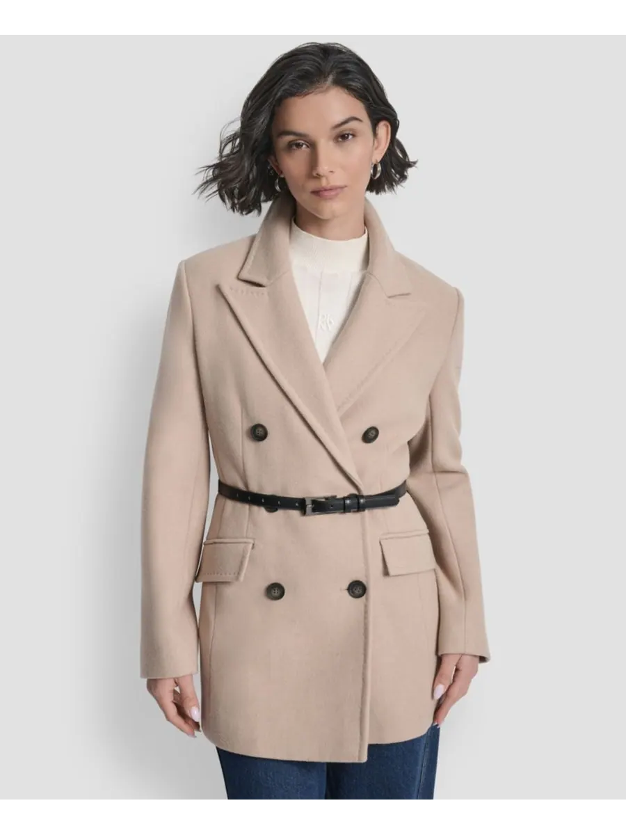 Женское короткое двубортное пальто с поясом DKNY — изображение 1 из 9, коричневый
