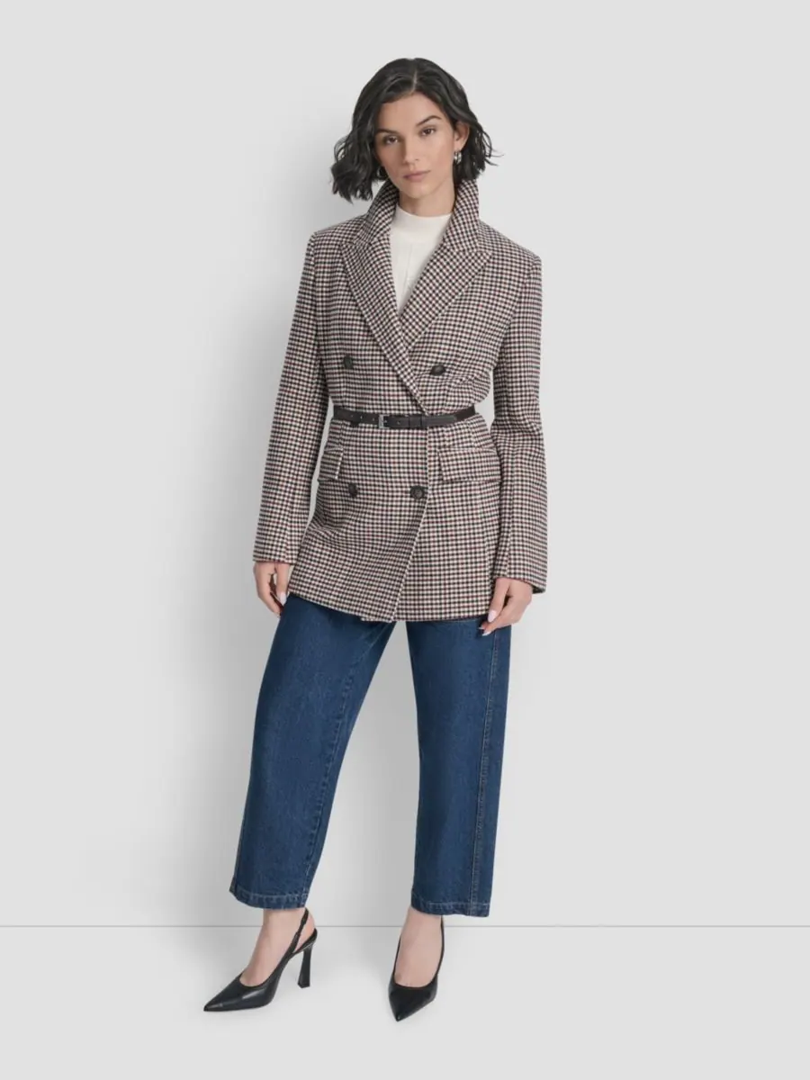Женское короткое двубортное пальто с поясом DKNY, Small Check — изображение 3 из 9