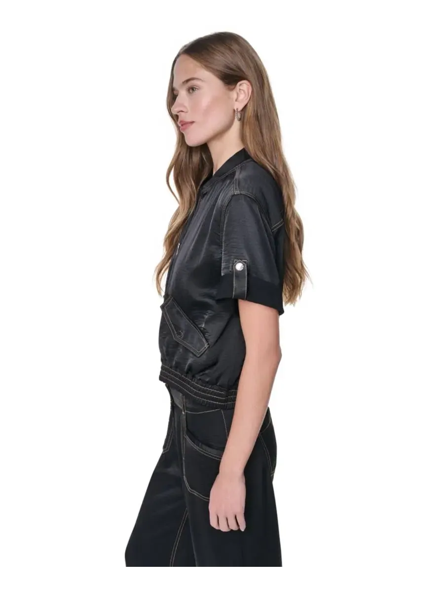 Женская куртка DKNY с контрастной строчкой, модель Roll-Tab Contrast Stitch Glazed Jacket — изображение 4 из 9, черный