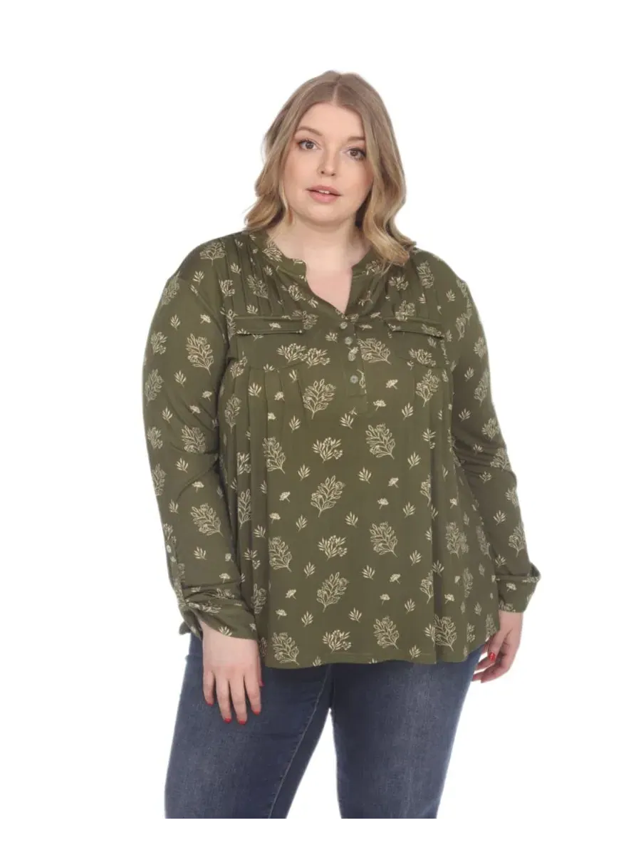 Блуза с принтом Plus Size с длинным рукавом White Mark — изображение 1 из 5, оливковый