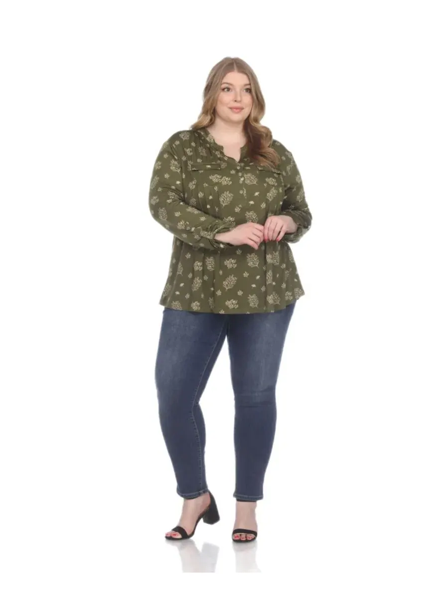 Блуза с принтом Plus Size с длинным рукавом White Mark — изображение 2 из 5, оливковый