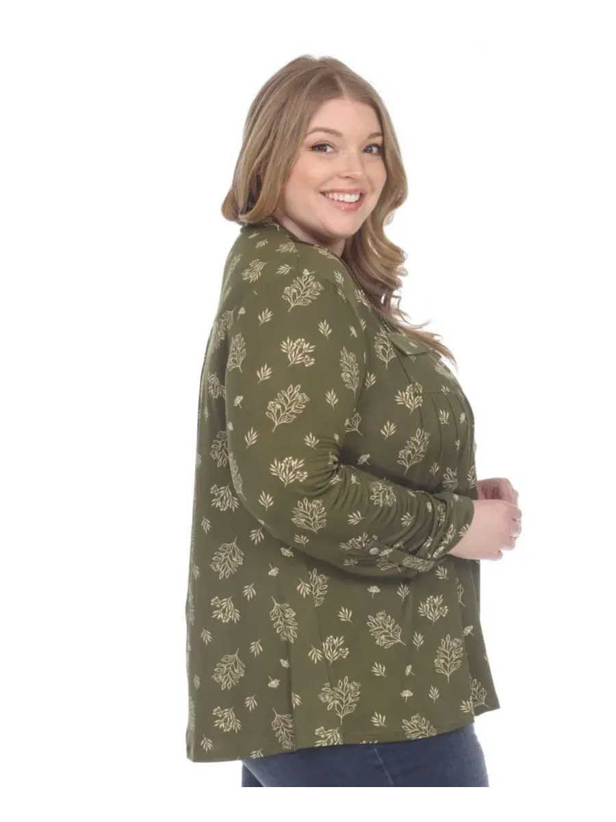 Блуза с принтом Plus Size с длинным рукавом White Mark — изображение 3 из 5, оливковый