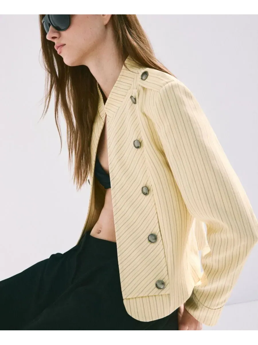 Женский пиджачный блейзер с пуговицами, модель Pinstripe Blazer With Buttons MANGO — изображение 3 из 5, светлый желтый