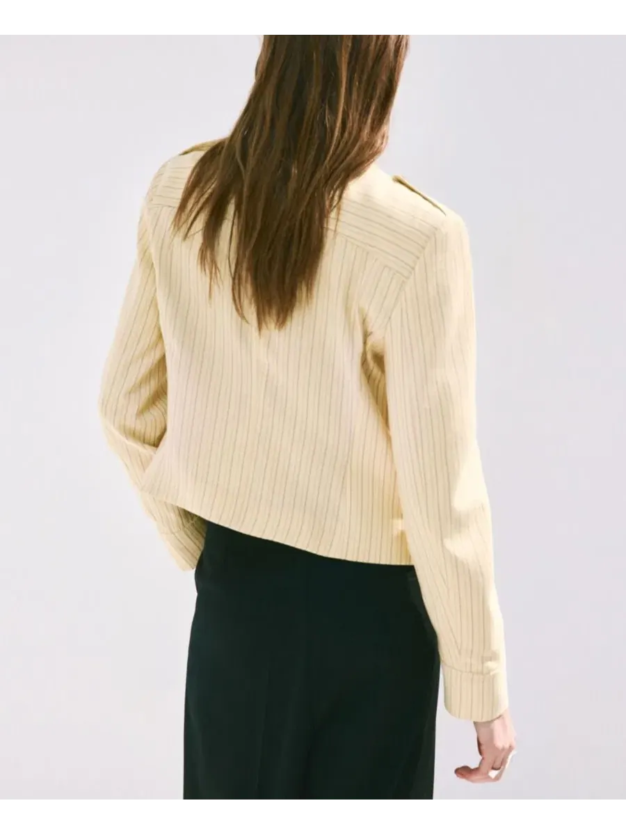 Женский пиджачный блейзер с пуговицами, модель Pinstripe Blazer With Buttons MANGO — изображение 5 из 5, светлый желтый