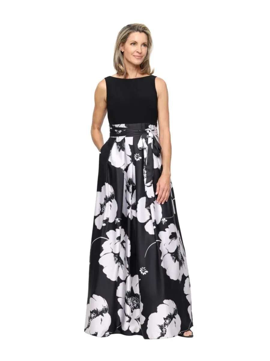 Бальное платье без рукавов с лодочкой, модель Petite Boat Neck Sleeveless Ball Gown SL Fashions — белый