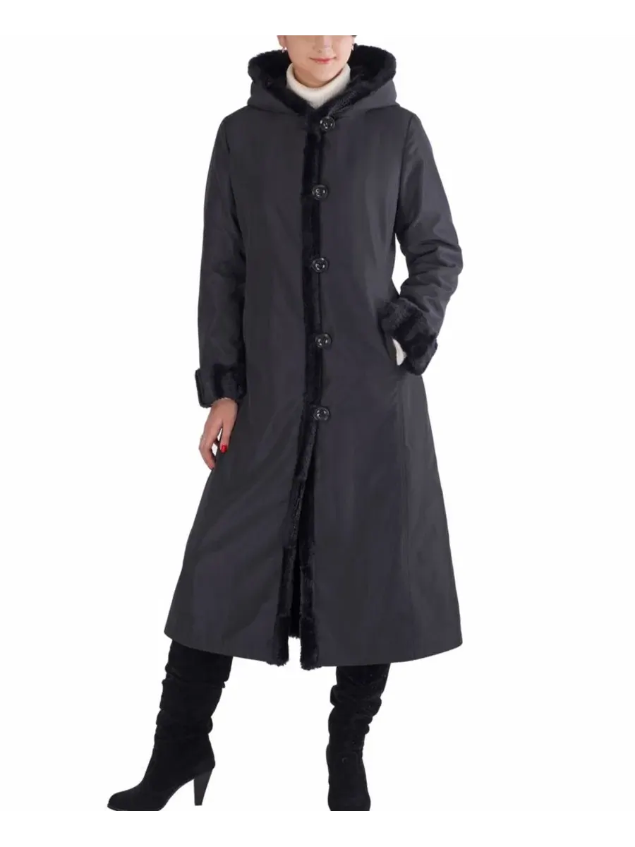 Женское длинное пальто-трансформер Lillian Hooded Reversible Faux Mink Fur Long Coat BGSD — черный