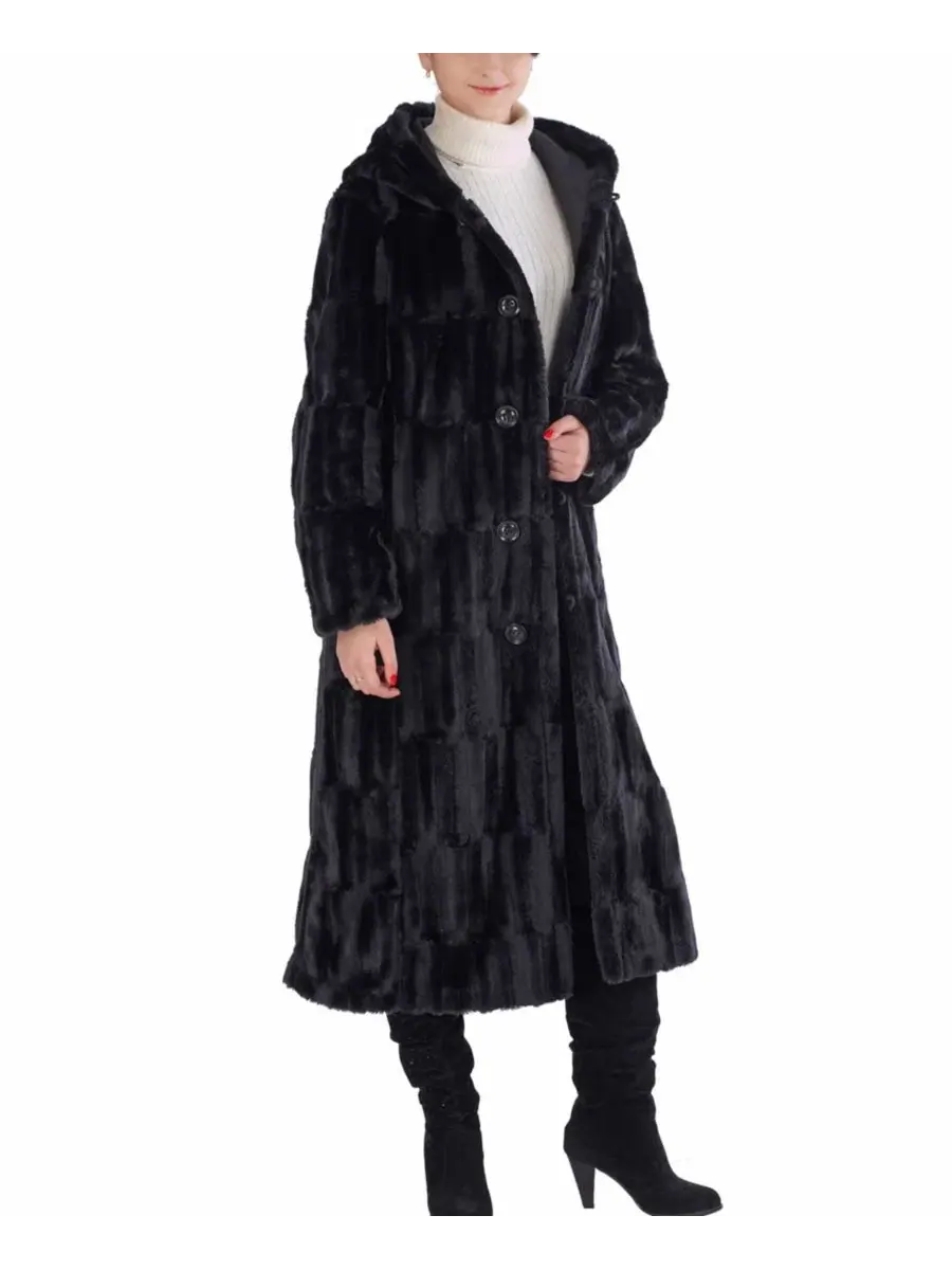 Женское длинное пальто-трансформер Lillian Hooded Reversible Faux Mink Fur Long Coat BGSD — изображение 2 из 3, черный