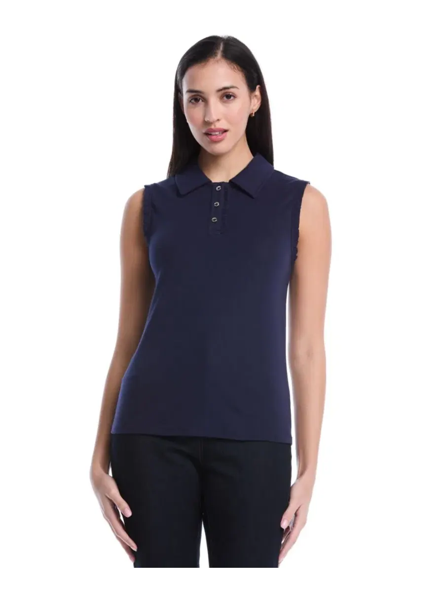 Женское поло без рукавов с рюшами Petite Ruffle Trim Sleeveless Polo Shirt Rafaella, Peacoat — изображение 1 из 5