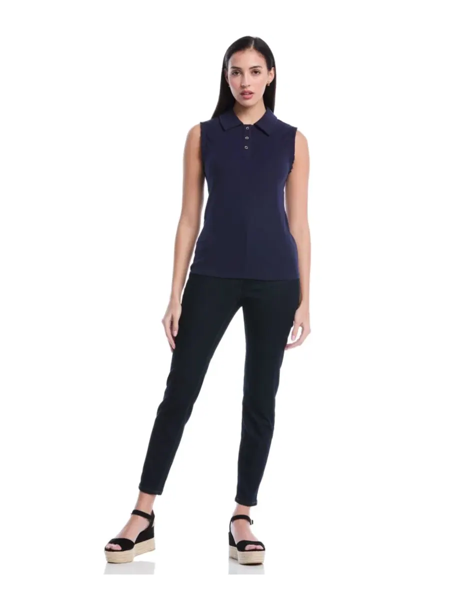 Женское поло без рукавов с рюшами Petite Ruffle Trim Sleeveless Polo Shirt Rafaella, Peacoat — изображение 2 из 5