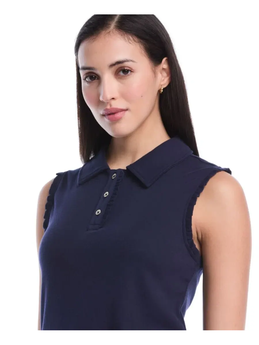 Женское поло без рукавов с рюшами Petite Ruffle Trim Sleeveless Polo Shirt Rafaella, Peacoat — изображение 4 из 5