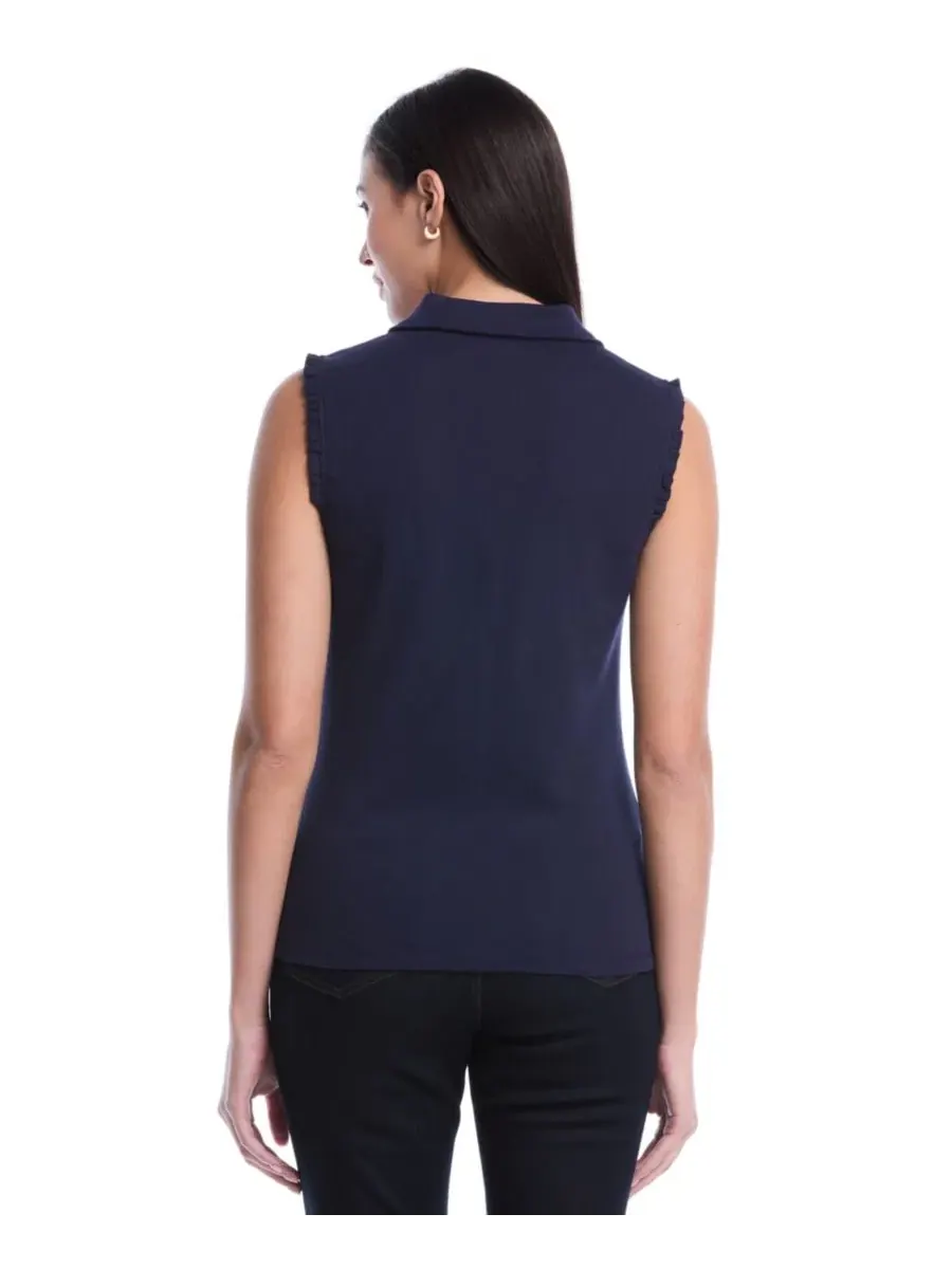Женское поло без рукавов с рюшами Petite Ruffle Trim Sleeveless Polo Shirt Rafaella, Peacoat — изображение 5 из 5