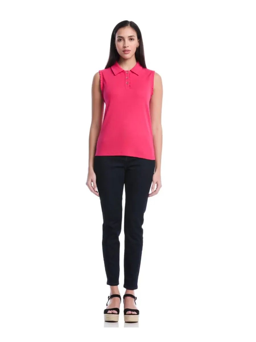 Пикап-рубашка-поло без рукавов с кружевной отделкой Petite Ruffle Trim Sleeveless Polo Shirt — изображение 2 из 5, малина