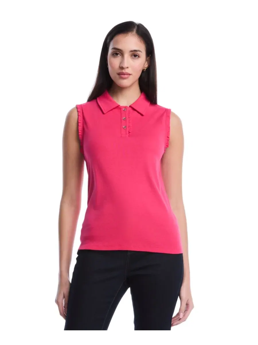 Пикап-рубашка-поло без рукавов с кружевной отделкой Petite Ruffle Trim Sleeveless Polo Shirt — изображение 3 из 5, малина