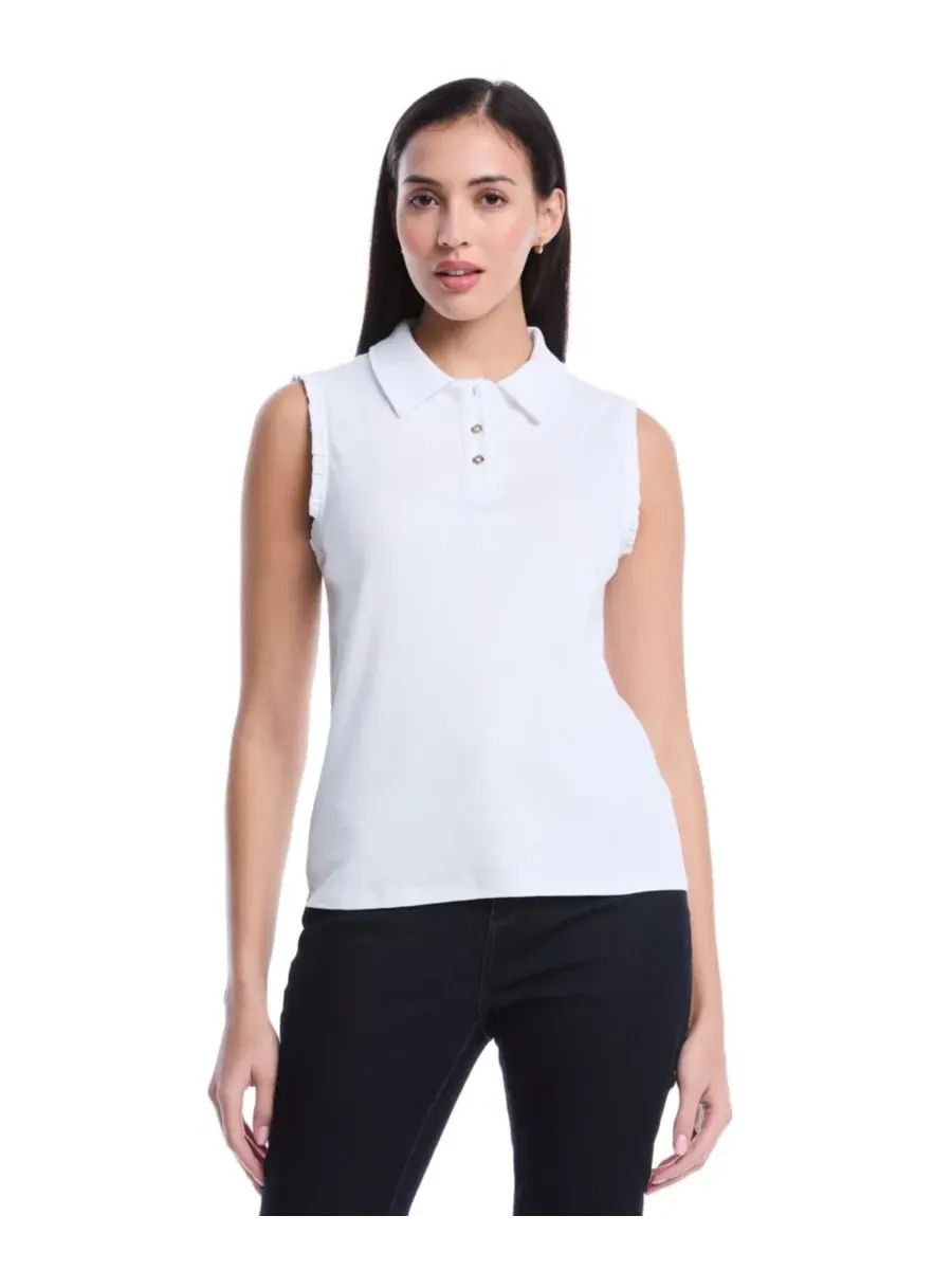 Женское поло без рукавов с рюшами Petite Ruffle Trim Sleeveless Polo Shirt Rafaella — изображение 1 из 5, белый