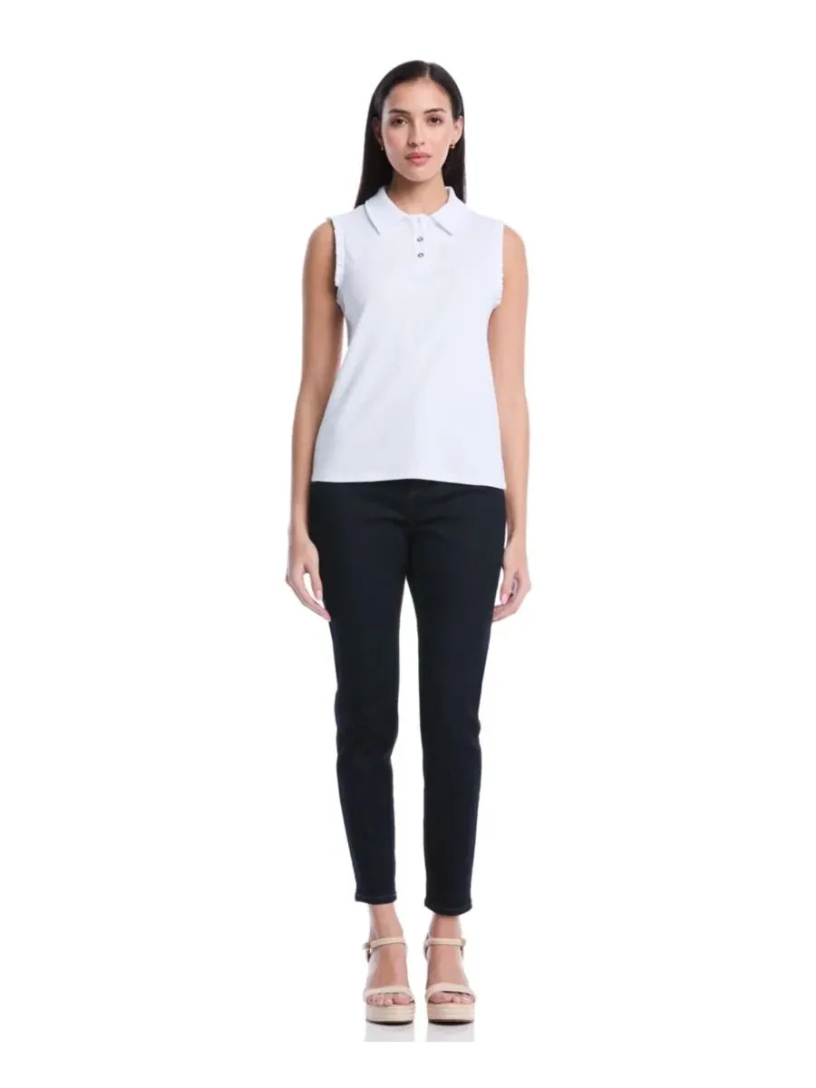 Женское поло без рукавов с рюшами Petite Ruffle Trim Sleeveless Polo Shirt Rafaella — изображение 2 из 5, белый