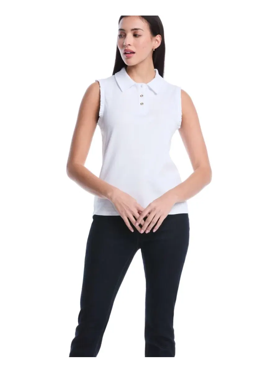 Женское поло без рукавов с рюшами Petite Ruffle Trim Sleeveless Polo Shirt Rafaella — изображение 3 из 5, белый