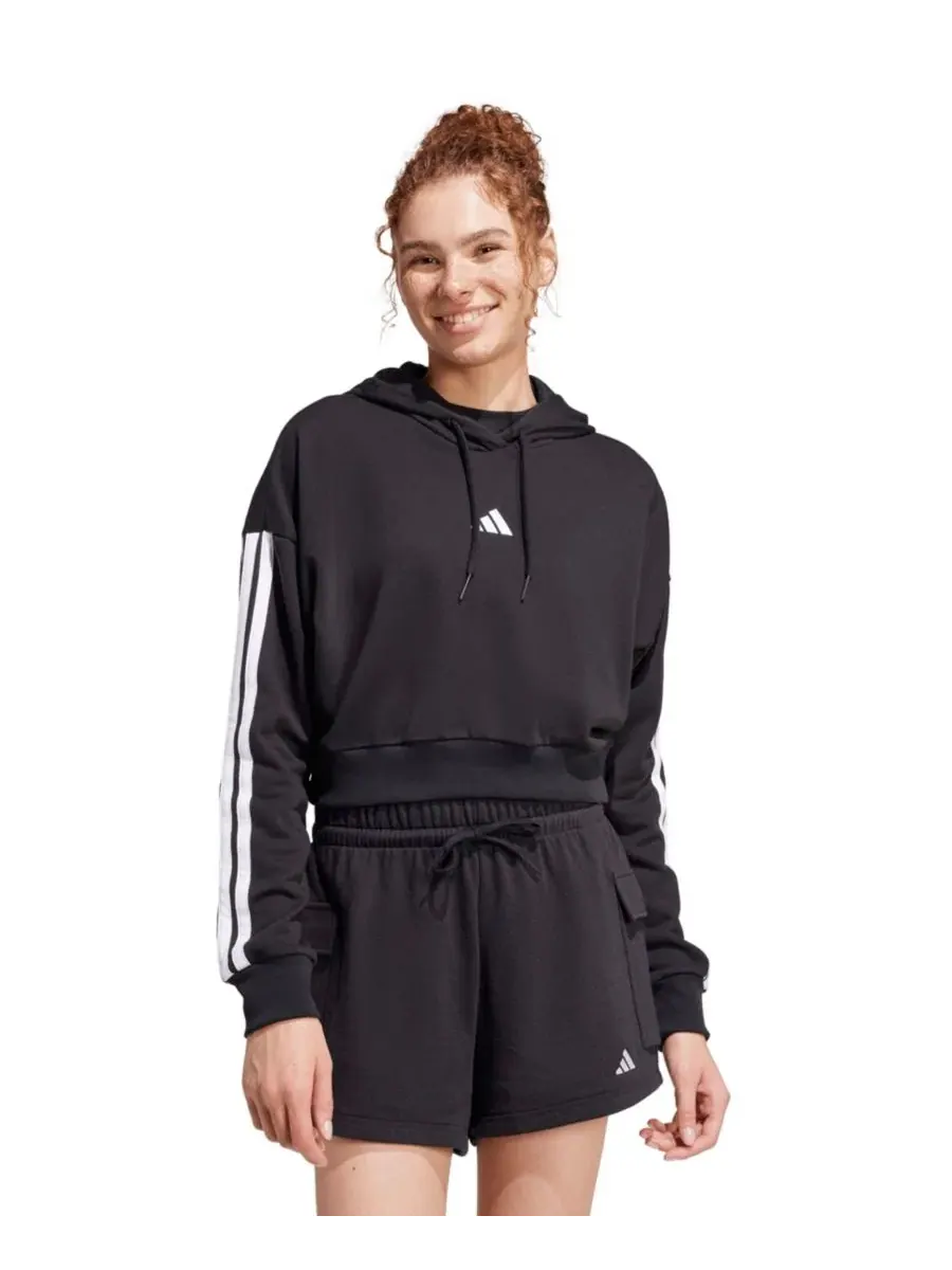 Женский укороченный худи из футера с фирменными полосками adidas — изображение 1 из 5, черный/белый