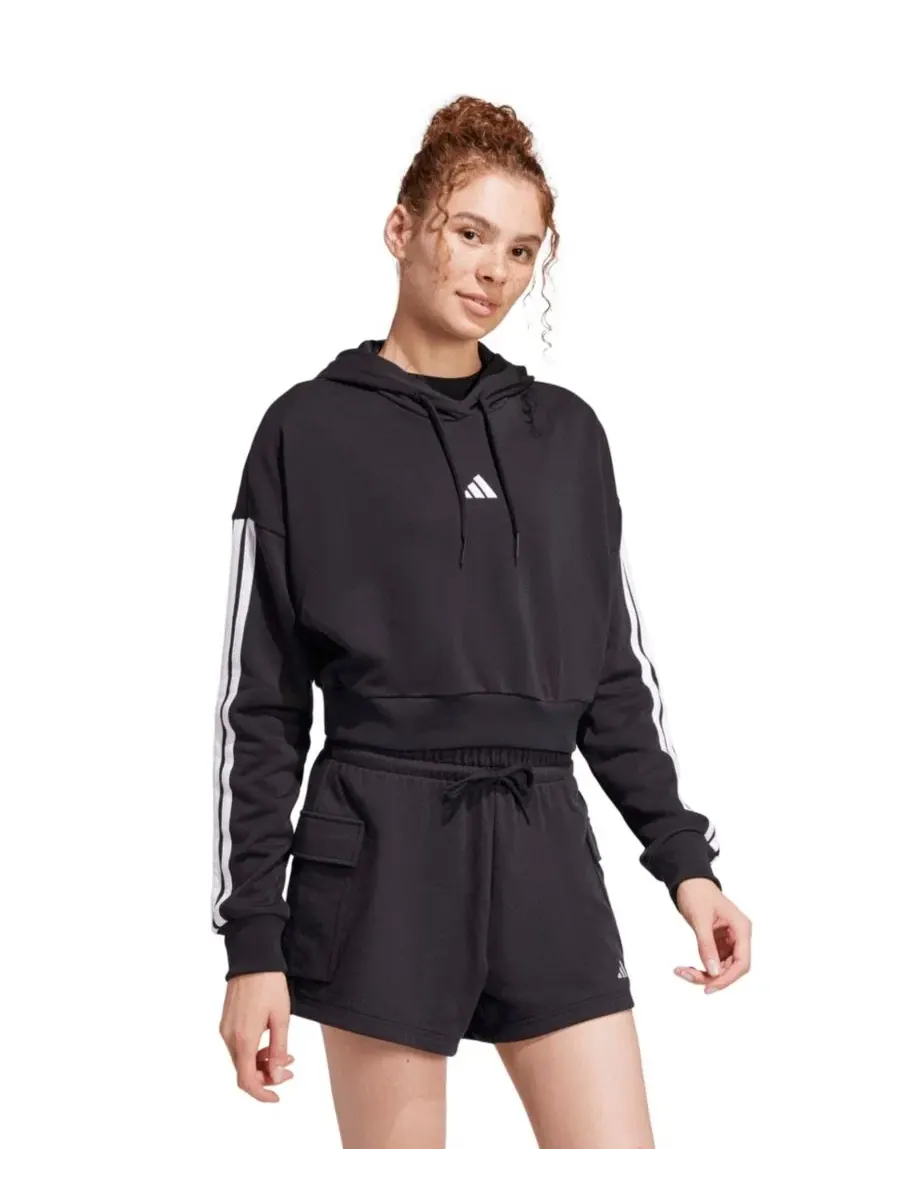 Женский укороченный худи из футера с фирменными полосками adidas — изображение 2 из 5, черный/белый