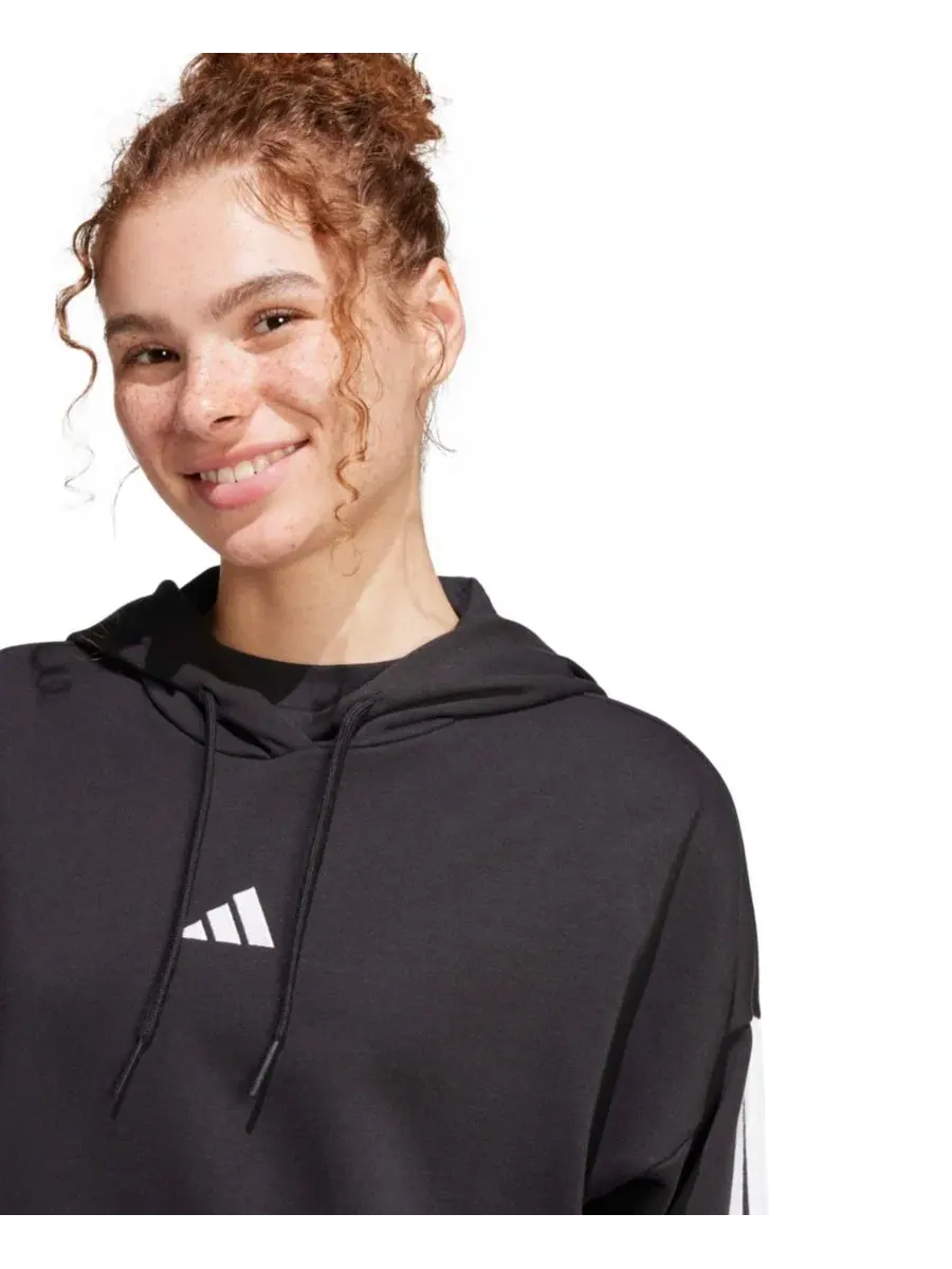 Женский укороченный худи из футера с фирменными полосками adidas — изображение 3 из 5, черный/белый