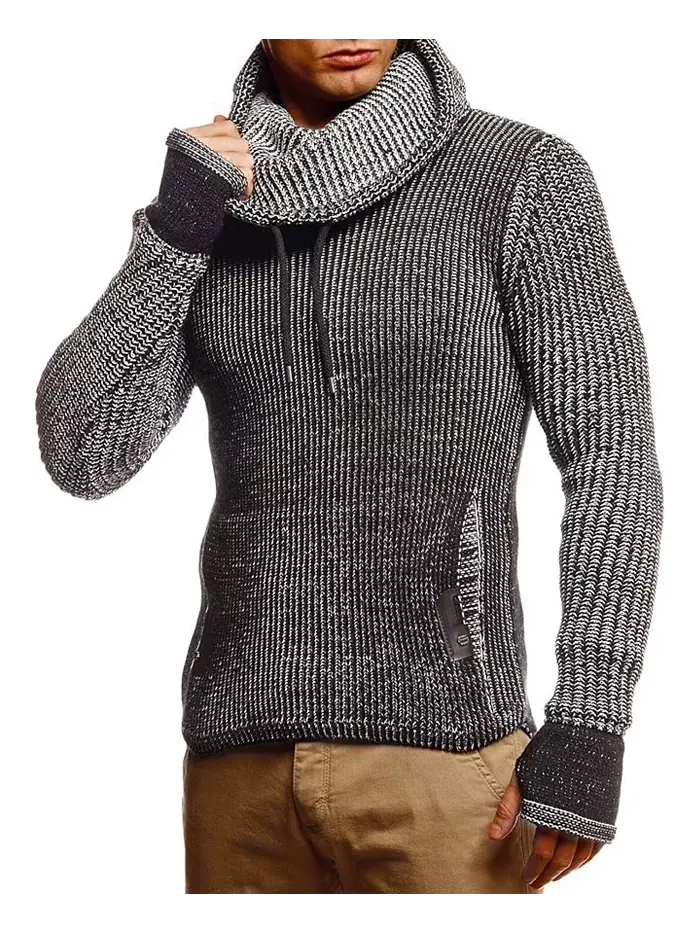 Мужской вязаный пуловер с капюшоном и прорезями для большого пальца на манжетах Leif Nelson — черный