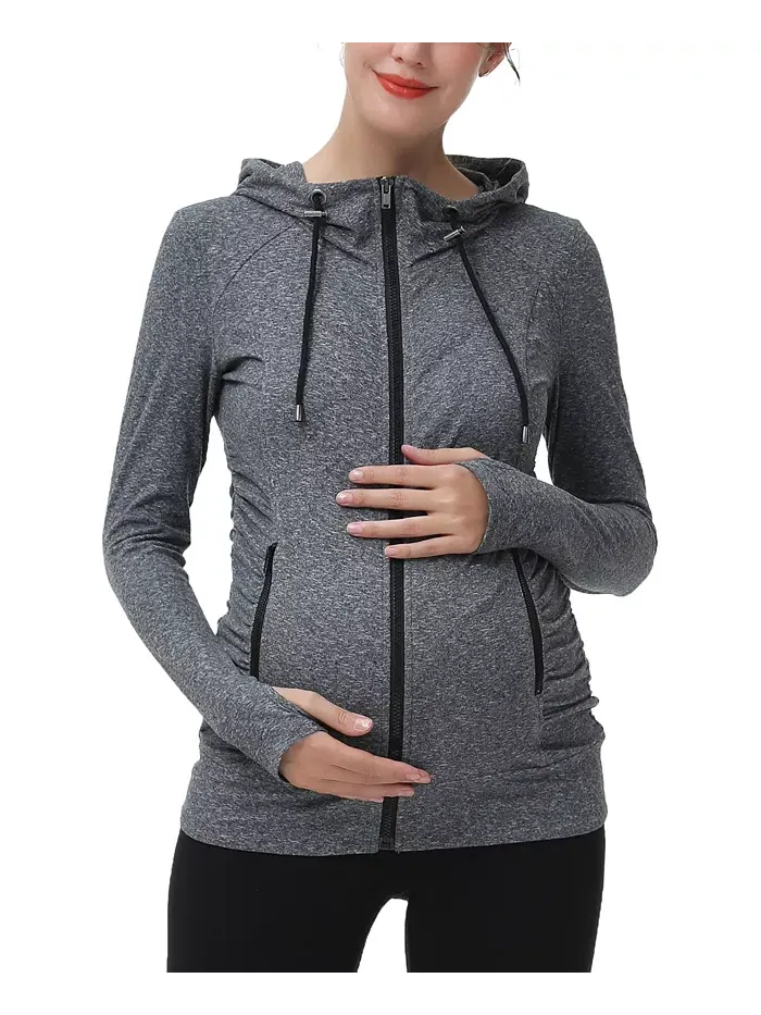 Спортивная куртка Maternity Essential с капюшоном и рюшами kimi + kai — изображение 1 из 3, темный серый
