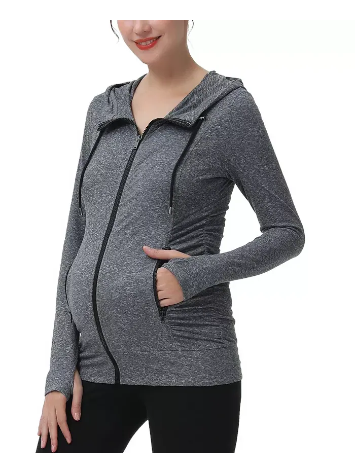 Спортивная куртка Maternity Essential с капюшоном и рюшами kimi + kai — изображение 2 из 3, темный серый