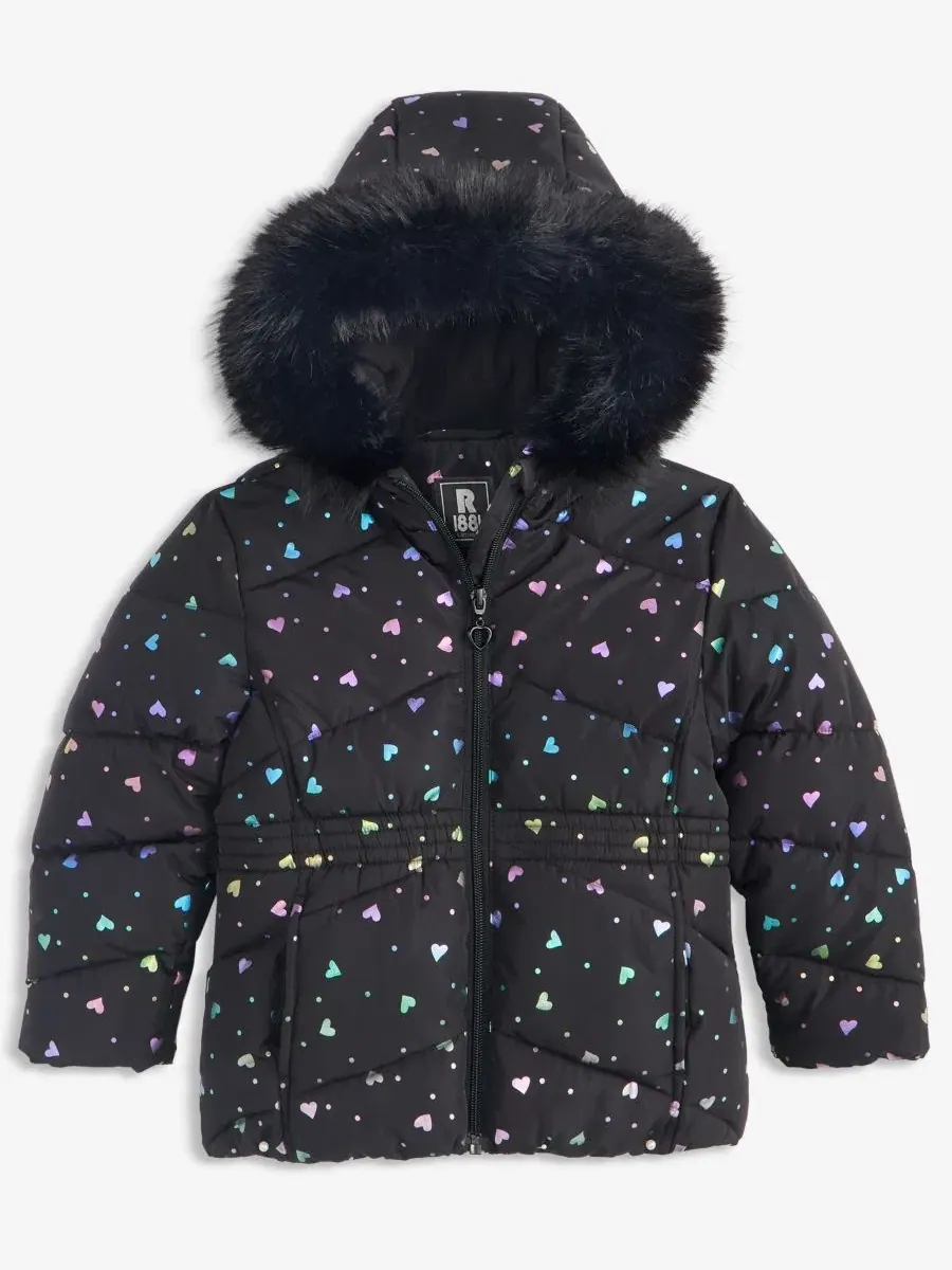 Детская куртка-пуховик стеганая с принтом, модель Foil Quilted Puffer Jacket With Faux-Fur-Trim — черный