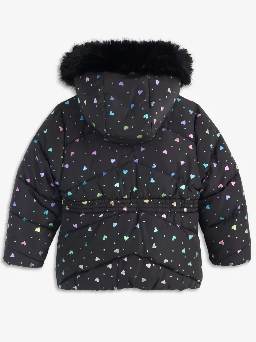 Детская куртка-пуховик стеганая с принтом, модель Foil Quilted Puffer Jacket With Faux-Fur-Trim — изображение 2 из 3, черный