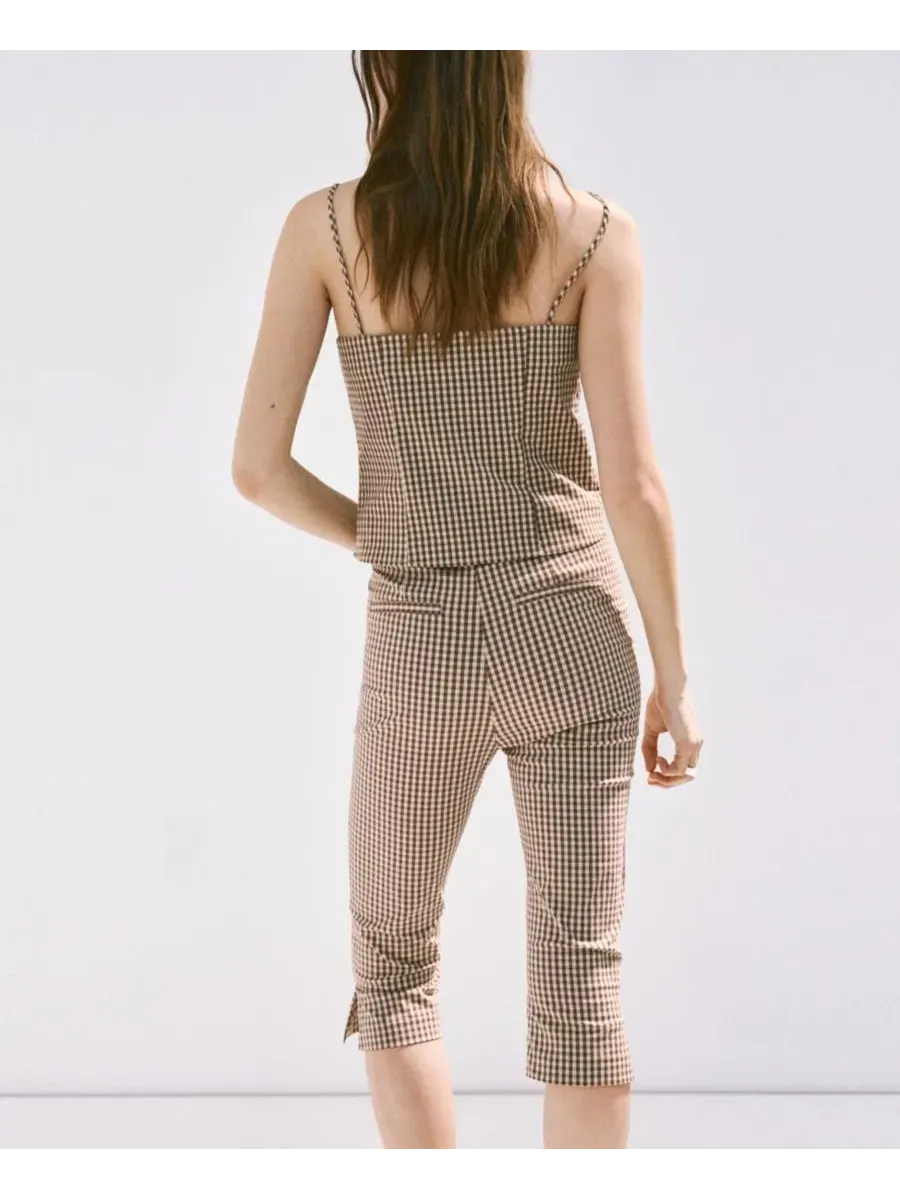Капри с клетчатым принтом, модель Gingham Check Capri Trousers MANGO — изображение 5 из 6, коричневый