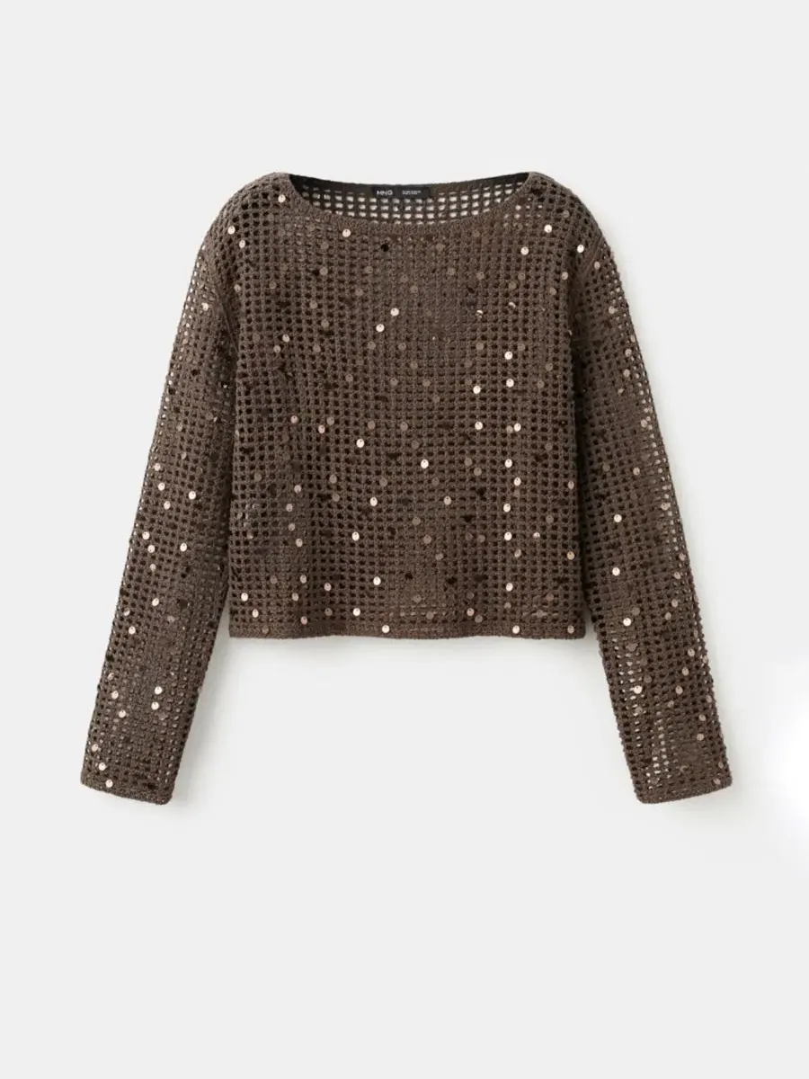 Свитер с пайетками из хлопка с круглым вырезом и длинным рукавом, модель Sequin Crochet MANGO