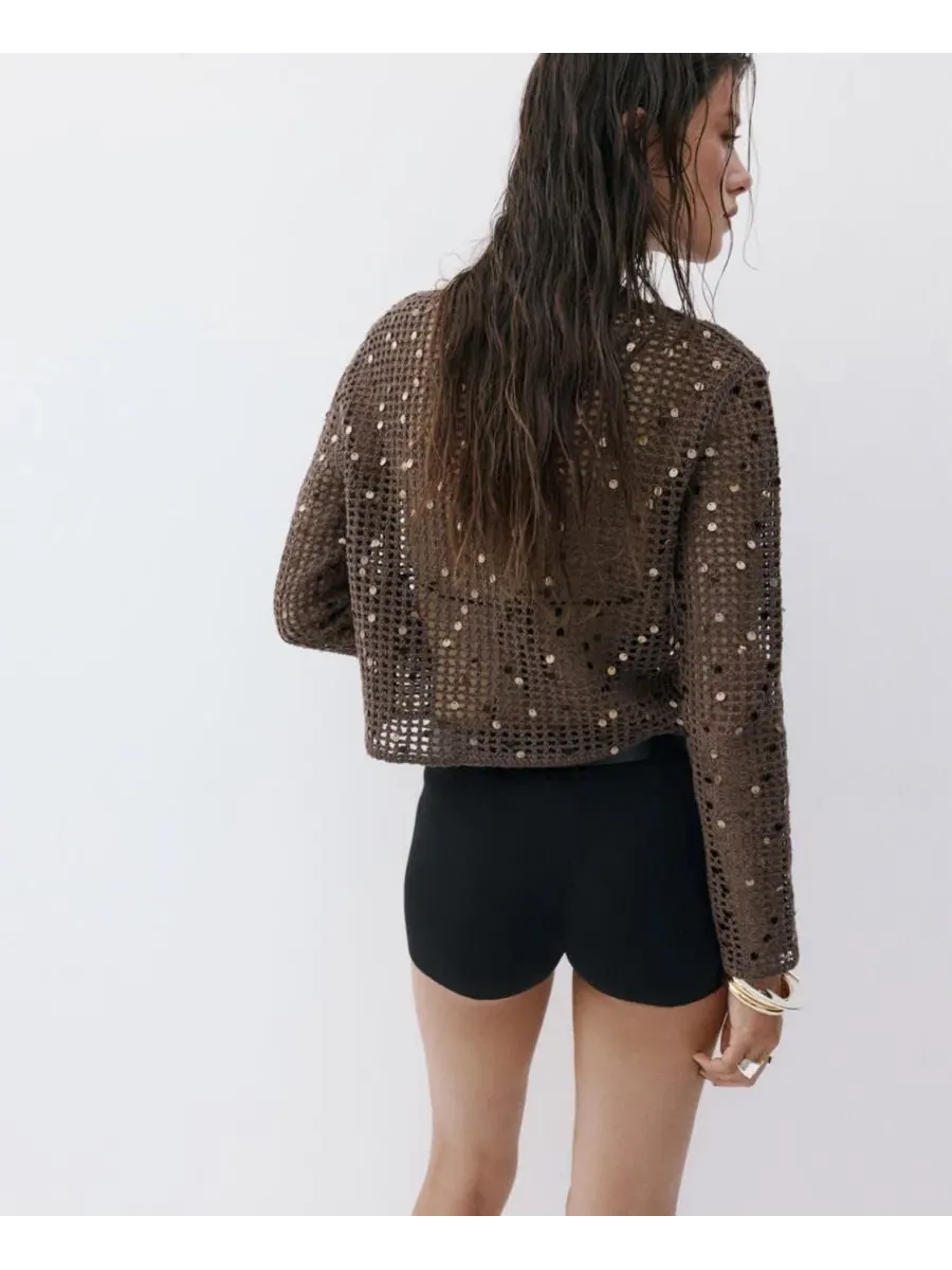 Свитер с пайетками из хлопка с круглым вырезом и длинным рукавом, модель Sequin Crochet MANGO — изображение 4 из 5