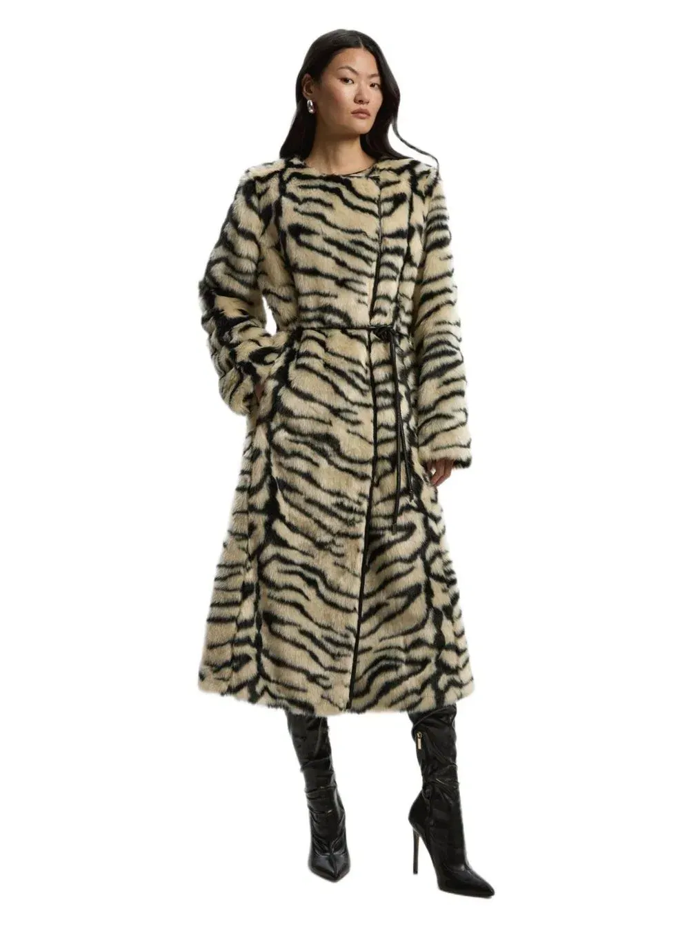 Пальто миди из искусственного меха с поясом, модель Zebra Print Karen Millen