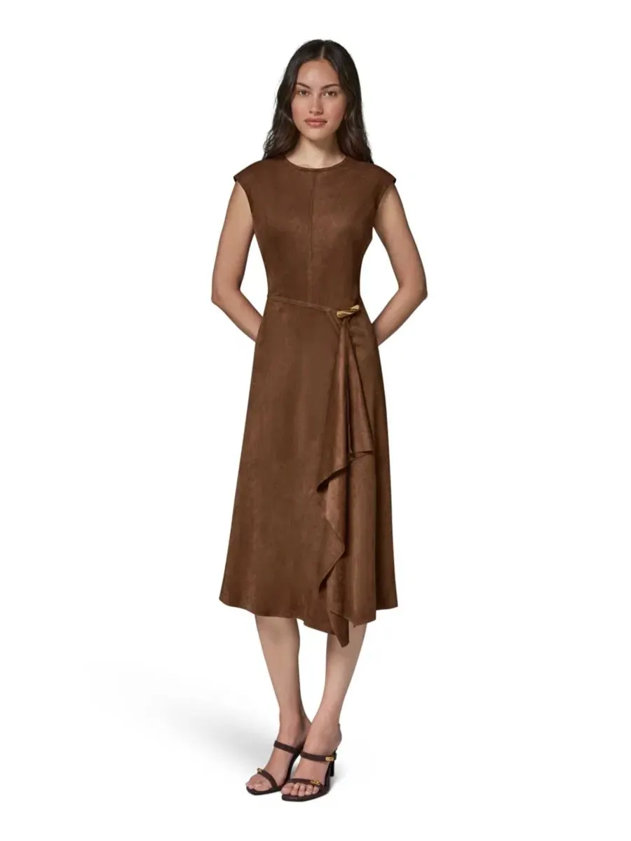 Платье миди из замши с капюшоном и рюшами Donna Karan New York
