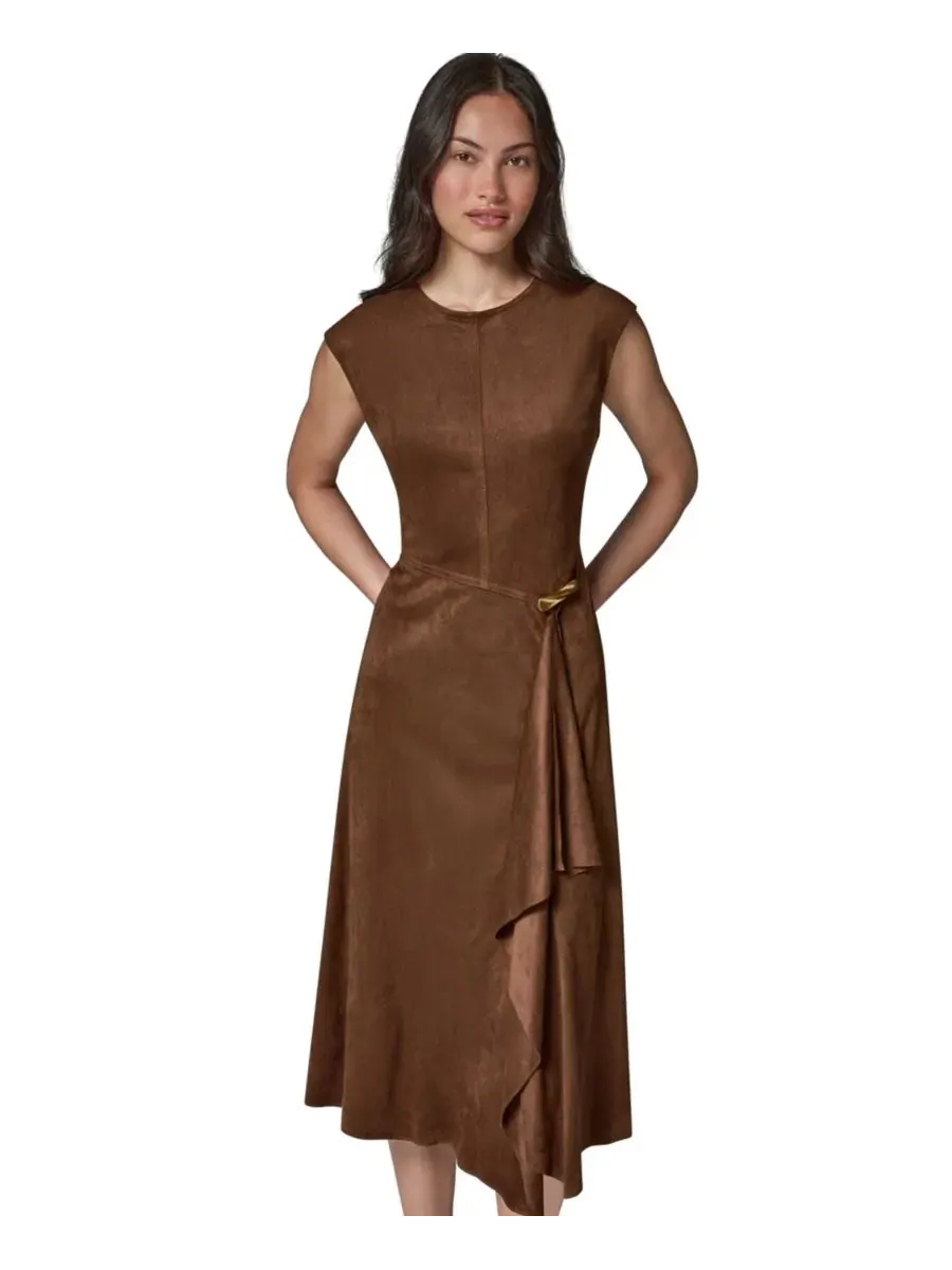 Платье миди из замши с капюшоном и рюшами Donna Karan New York — изображение 2 из 7, верблюжий