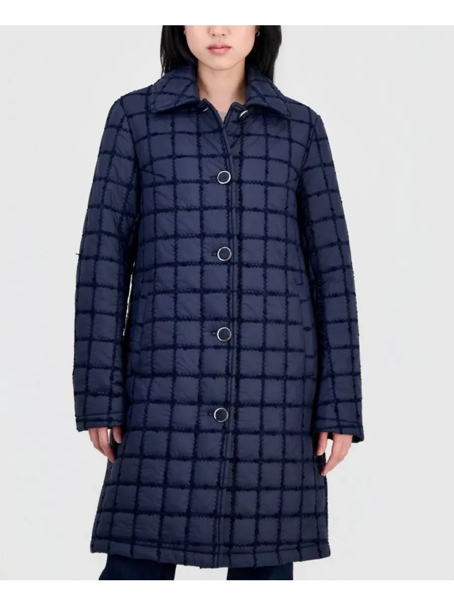 Женское длинное стеганое пальто с узором в клетку, модель Windowpane CeCe — изображение 2 из 3, темно-синий