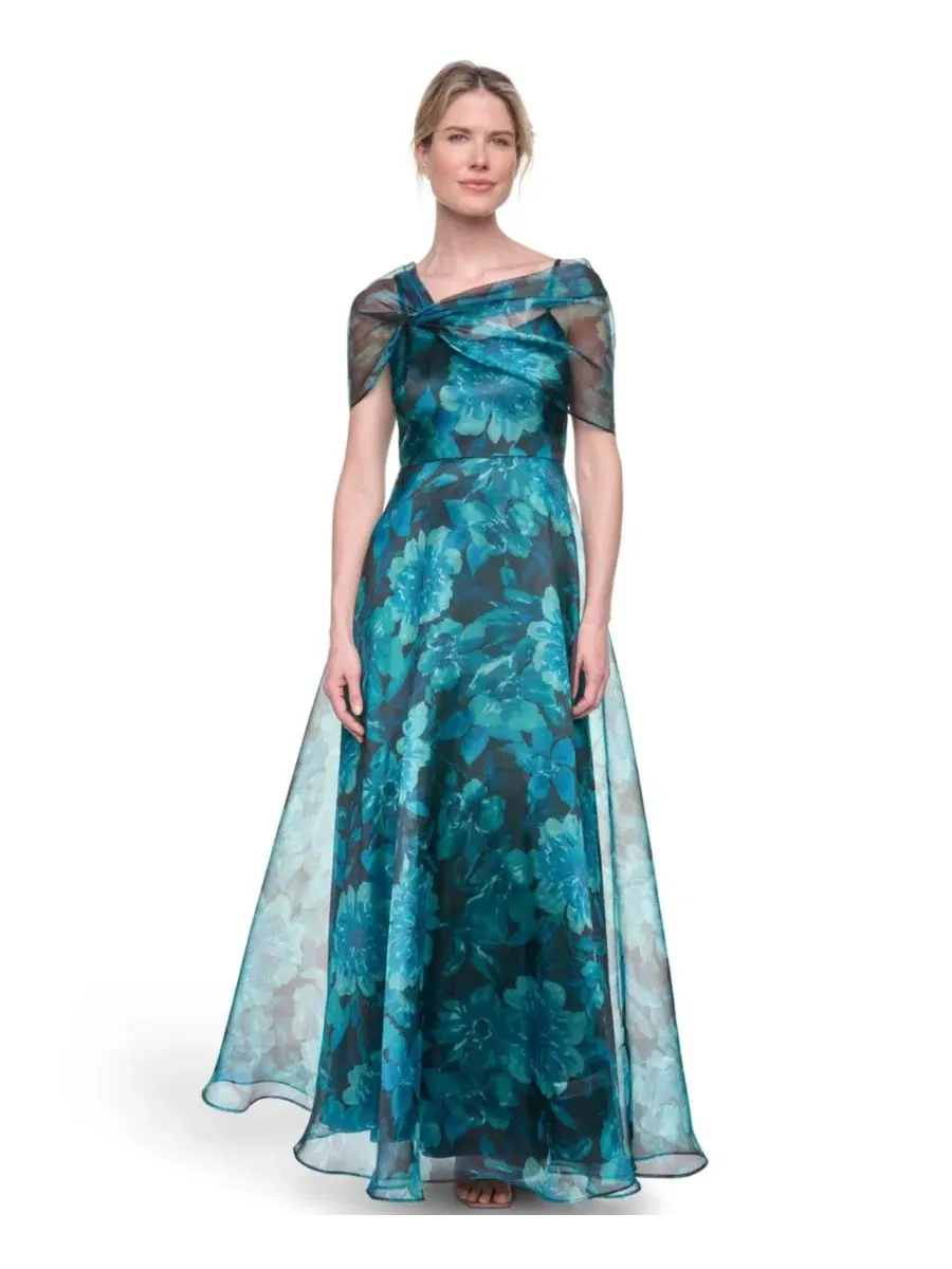 Платье-бальное асимметричное с кап-рукавом Petite Asymmetric Neck Cap-Sleeve Ball Gown Eliza J — синий