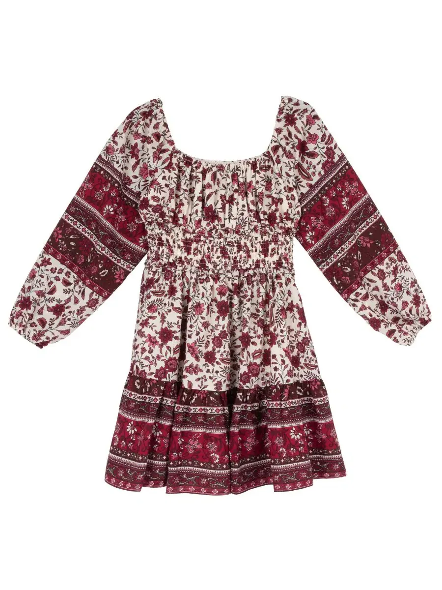 Платье с запахом и принтом, модель Smocked Waist Long-Sleeve Rare Editions — изображение 2 из 4, бордовый