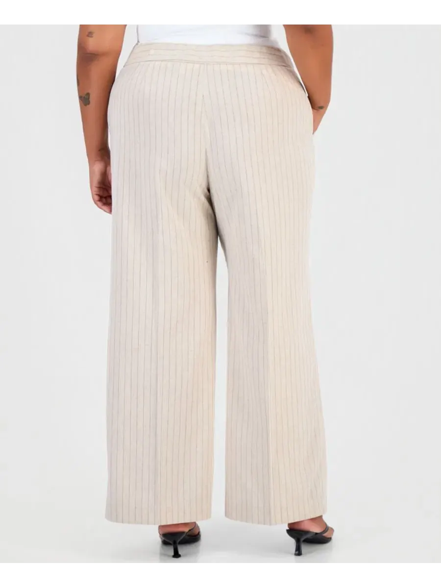 Брюки широкие в полоску Plus Size Pinstripe Wide-Leg Pants Tahari ASL, Dune Espresso — изображение 3 из 4, бежевый