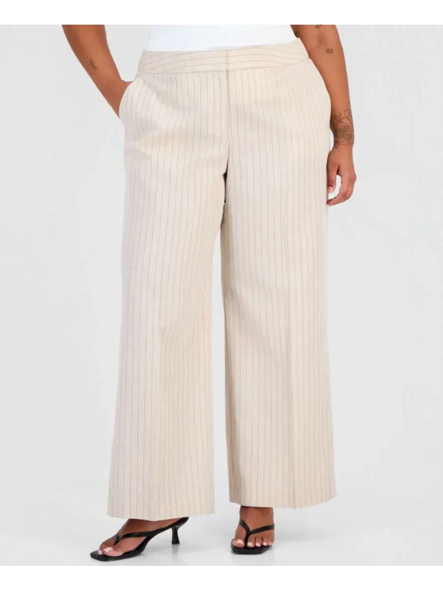 Брюки широкие в полоску Plus Size Pinstripe Wide-Leg Pants Tahari ASL, Dune Espresso — изображение 4 из 4, бежевый