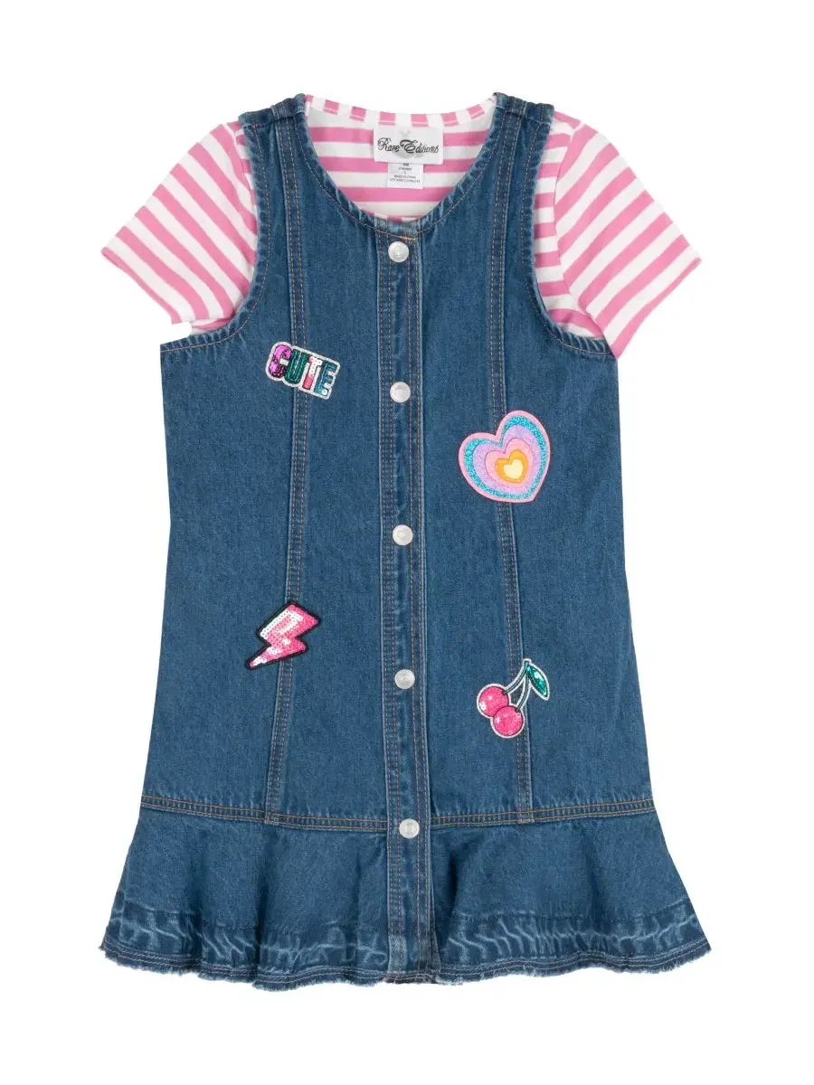 Комплект из футболки с полоской и джинсового сарафана с заплатками, Girls' 2T-6X Striped T-Shirt — изображение 4 из 7, синий