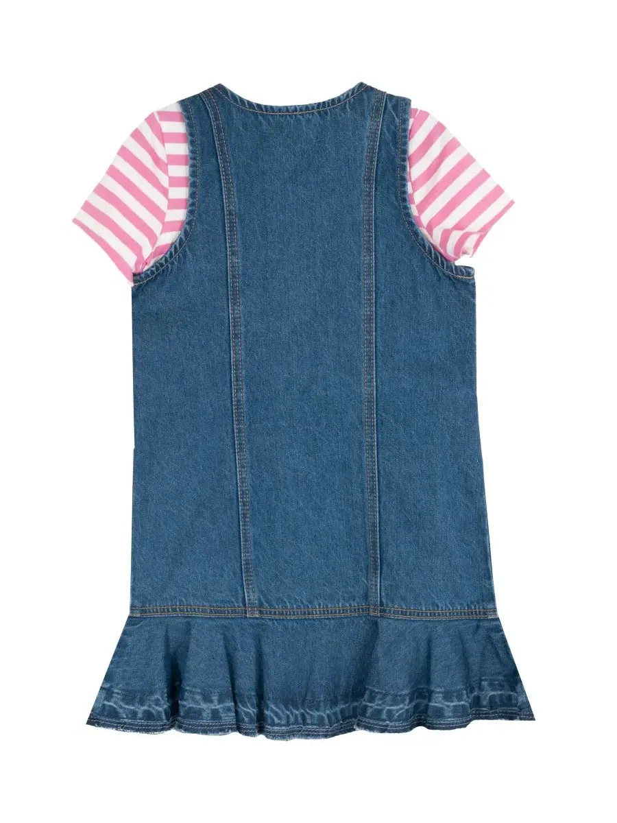 Комплект из футболки с полоской и джинсового сарафана с заплатками, Girls' 2T-6X Striped T-Shirt — изображение 5 из 7, синий