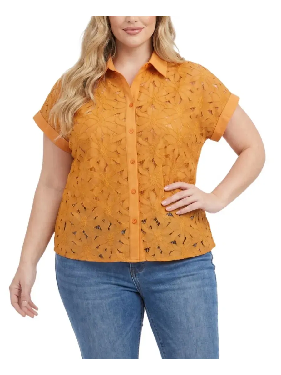 Блузка с коротким рукавом и кружевной вышивкой, Plus Size Short-Sleeve Eyelet Top NY Collection