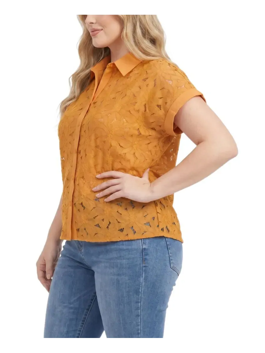 Блузка с коротким рукавом и кружевной вышивкой, Plus Size Short-Sleeve Eyelet Top NY Collection — изображение 2 из 4
