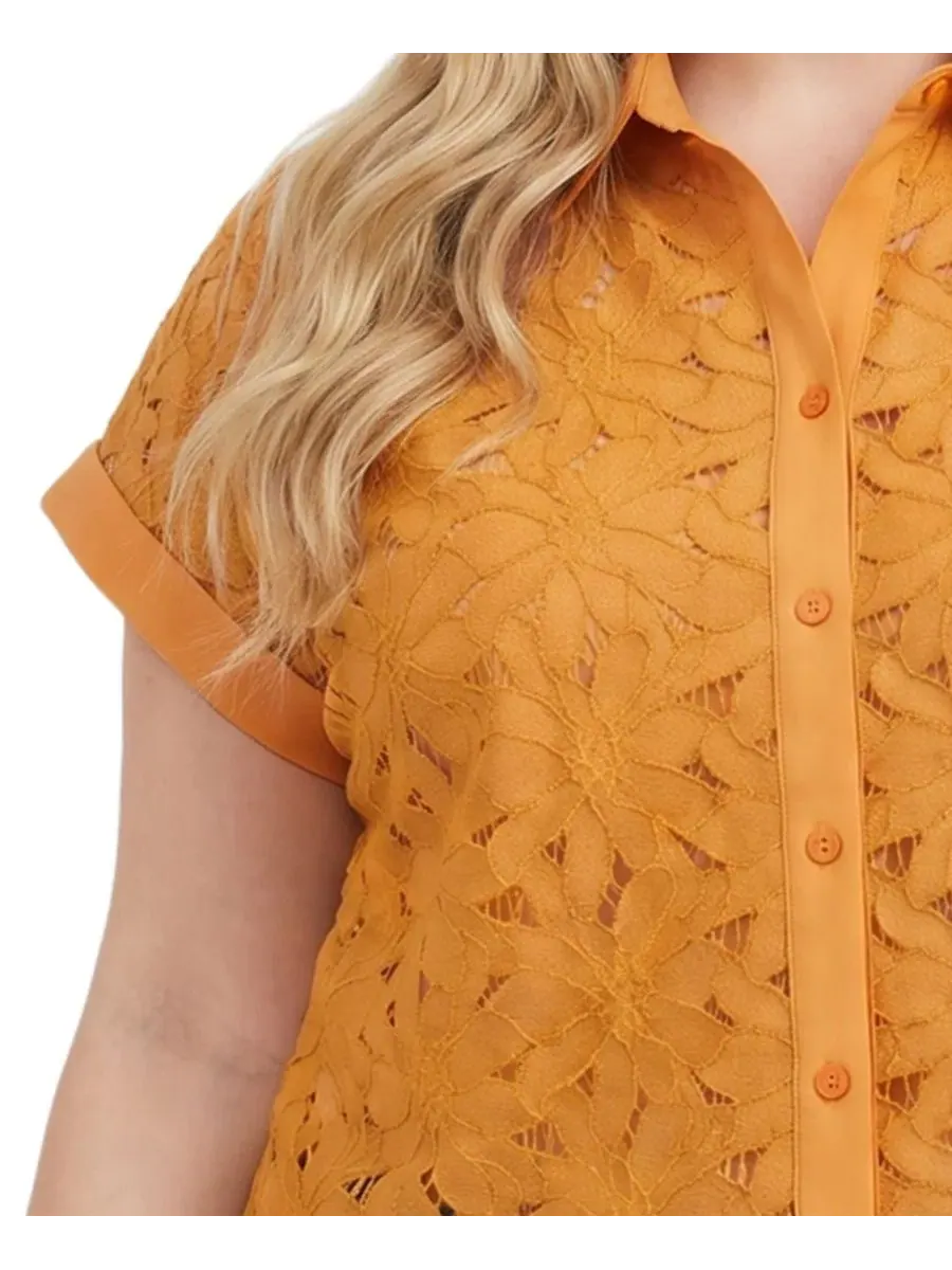 Блузка с коротким рукавом и кружевной вышивкой, Plus Size Short-Sleeve Eyelet Top NY Collection — изображение 3 из 4