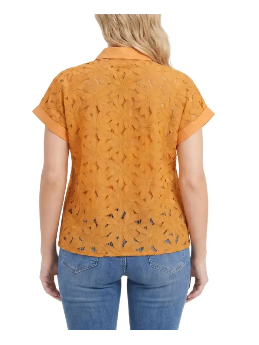 Блузка с коротким рукавом и кружевной вышивкой, Plus Size Short-Sleeve Eyelet Top NY Collection — изображение 4 из 4